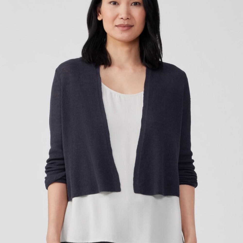 Eileen Fisher Organic Linen Cotton Airy Tuck Cropped Cardigan Black Petite S